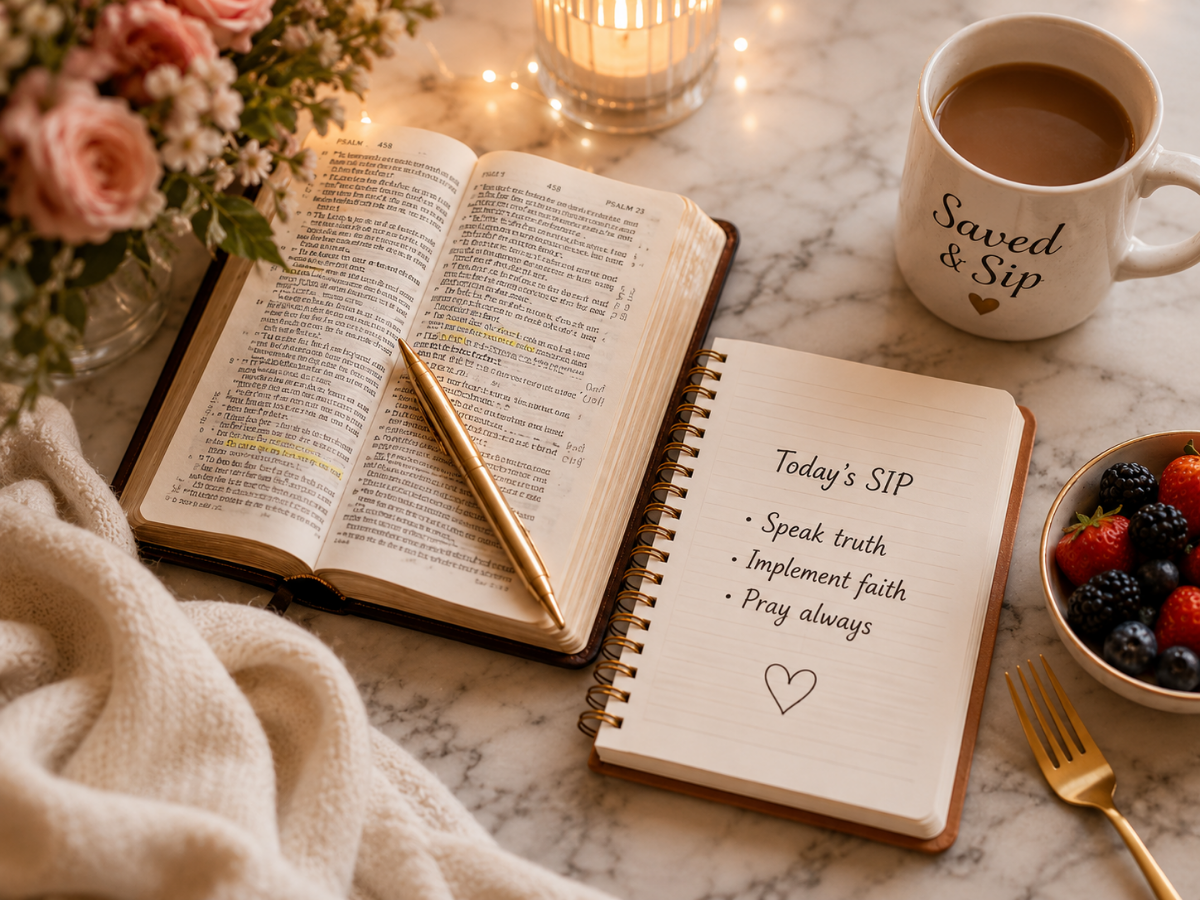Woman journaling beside an open Bible and coffee