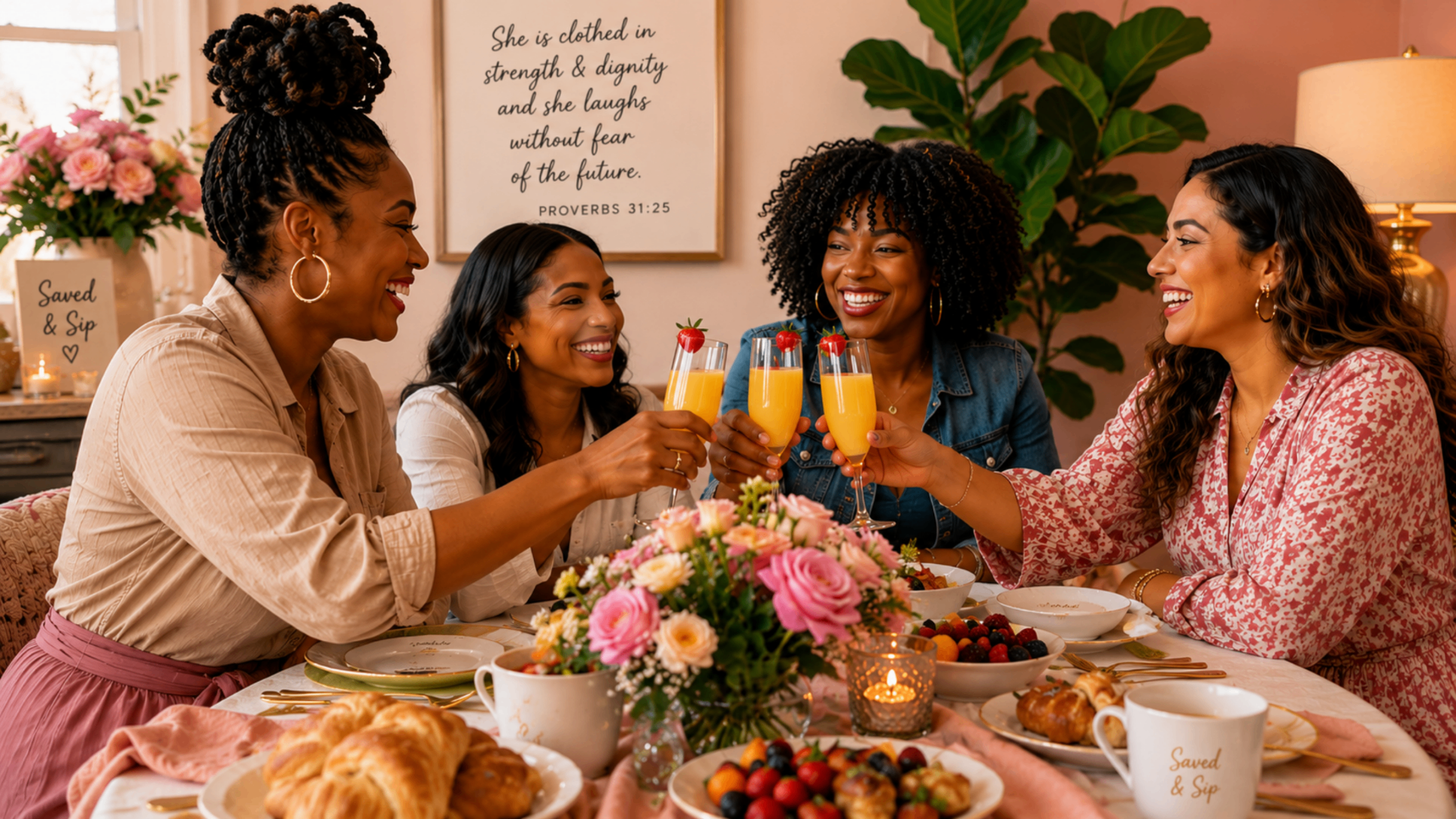Women toasting at a warm brunch table