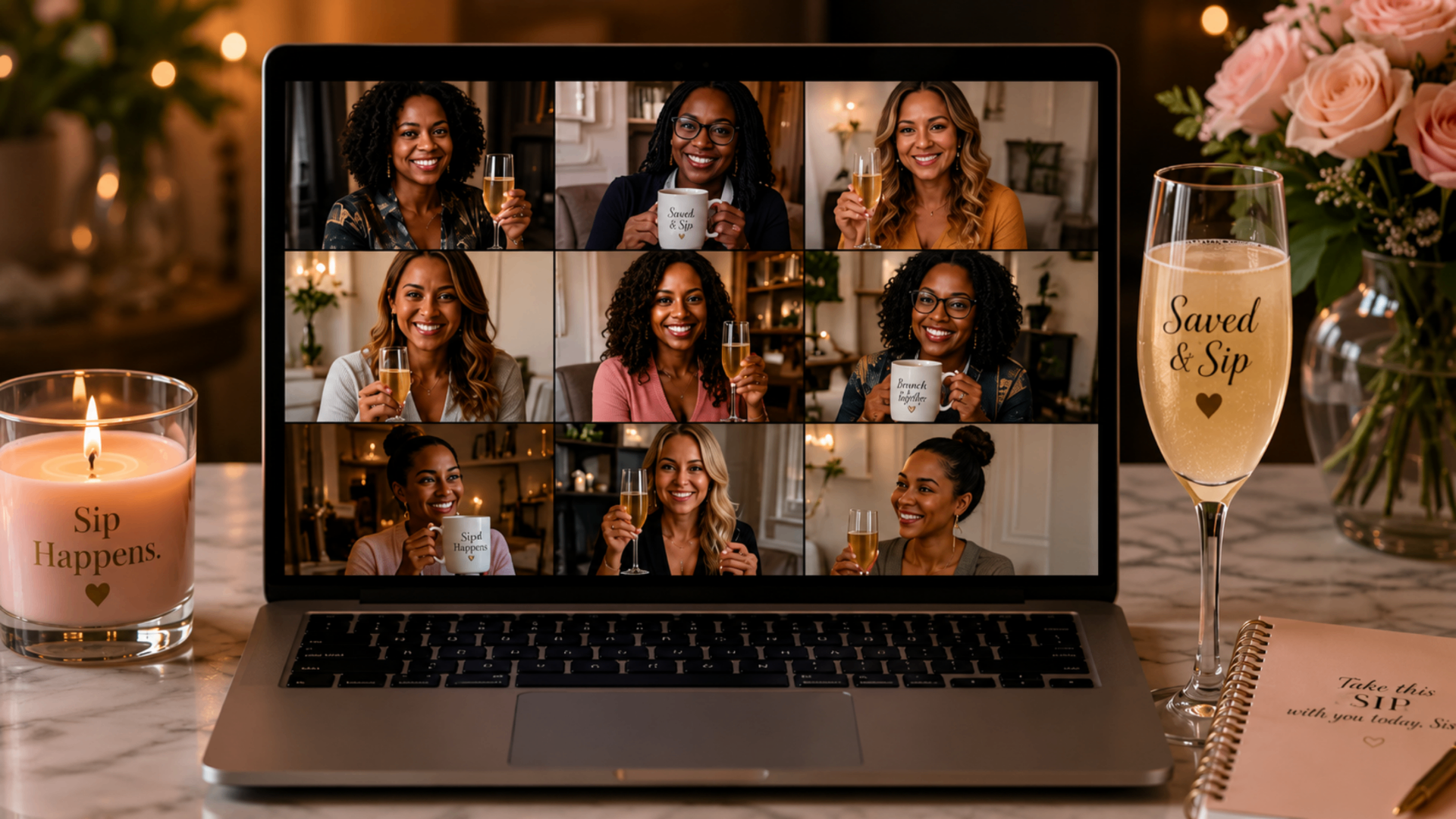 Women laughing around a beautifully styled brunch table